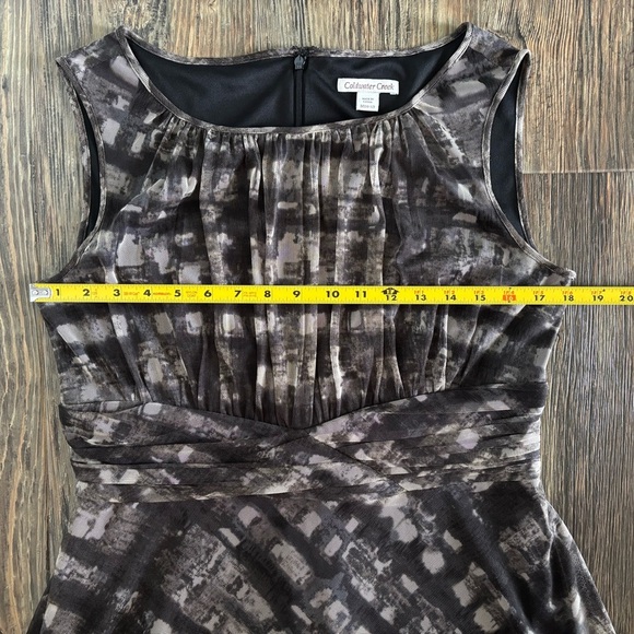 Coldwater Creek Midi Dress Sz M (10-12) Mesh Overlay Ruched Waistband Black Tan - Picture 6 of 12